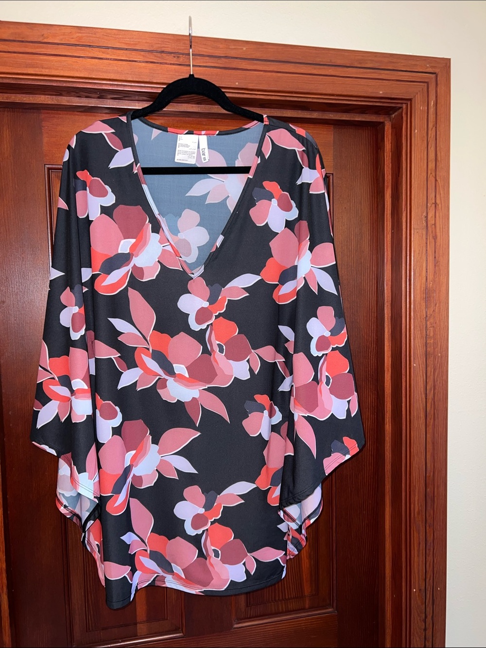 Bar III Black Floral V-Neck Swim Coverup with Coral and Pink Blooms